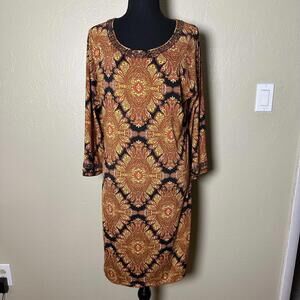 Boho Paisley Large Beaded Shift Dress Relaxed Fit Jewel Tone 70's Vibe